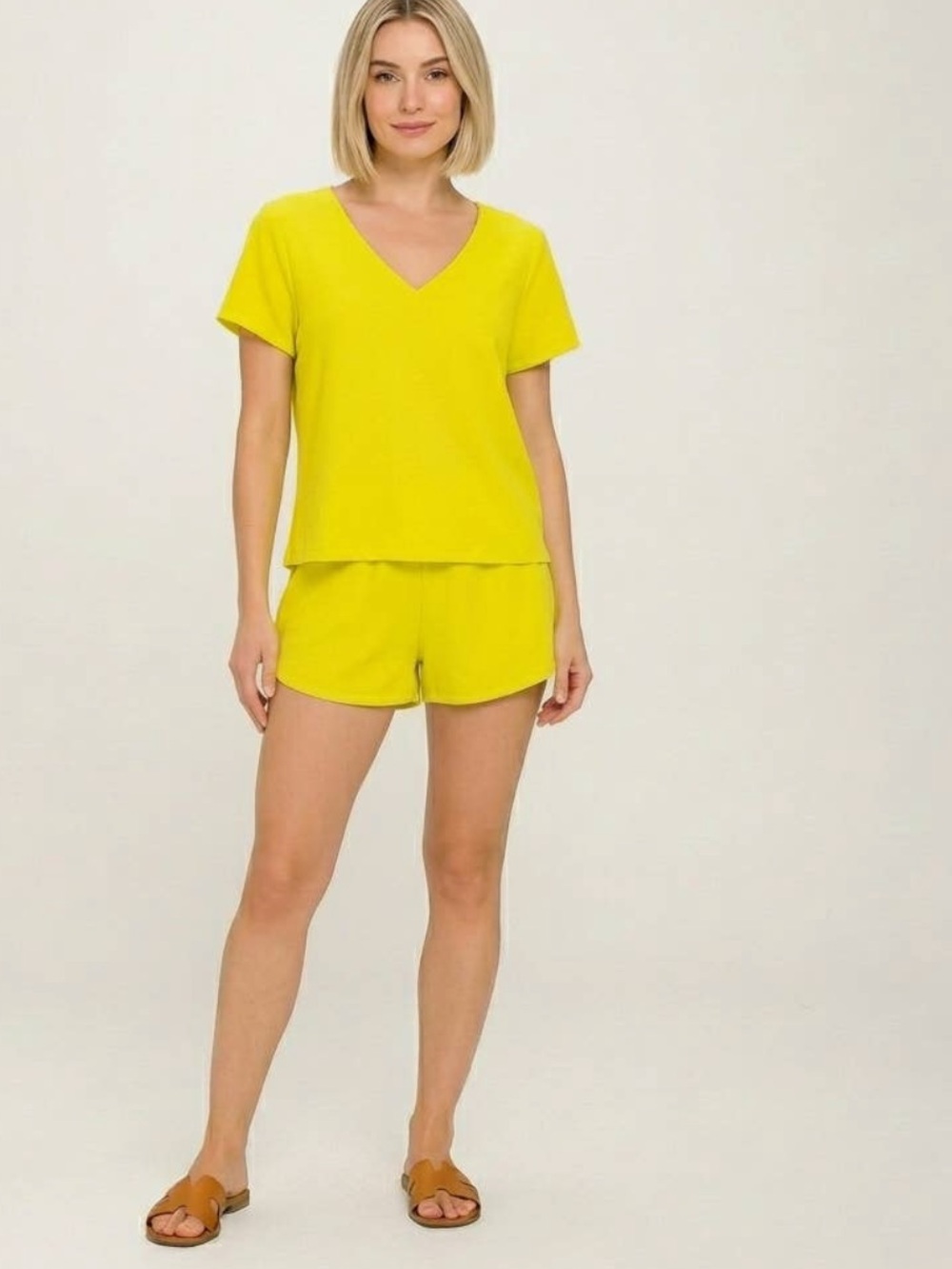 Meet me in Santorini Short Sleeve V-Neck & Shorts Set in Bright Yellow